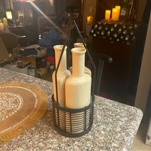 Vintage Metal holder with 3 glazed ceramic bottles